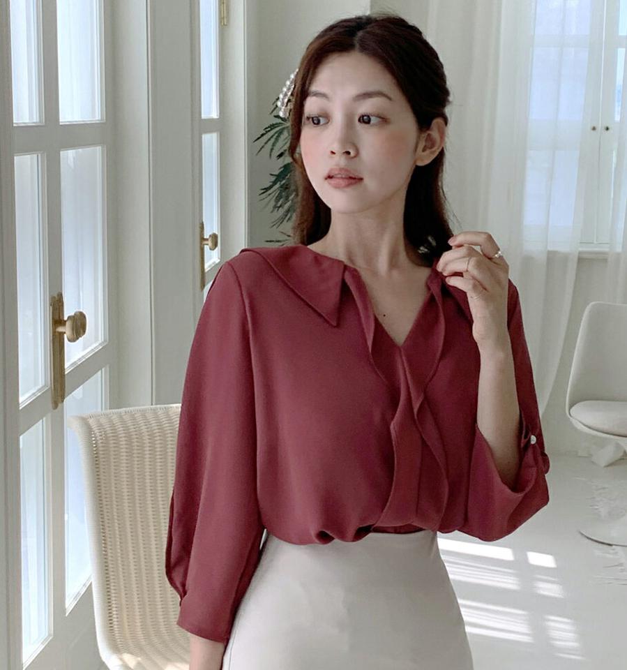 7分袖カラーフリルブラウス・t01123 レディース 【bl】トップス ブラウス 七分袖 七分丈 7分袖 7分丈 フリル 襟コン 襟 オフィスカジュアル ユニーク 上品 きれいめ フェミニン ピンク 大人 春 秋 韓国ファッション