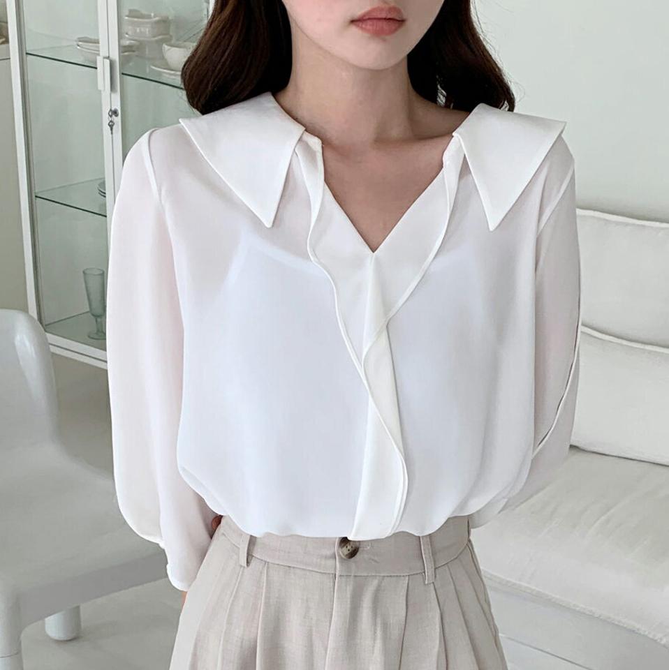 7分袖カラーフリルブラウス・t01123 レディース 【bl】トップス ブラウス 七分袖 七分丈 7分袖 7分丈 フリル 襟コン 襟 オフィスカジュアル ユニーク 上品 きれいめ フェミニン ピンク 大人 春 秋 韓国ファッション