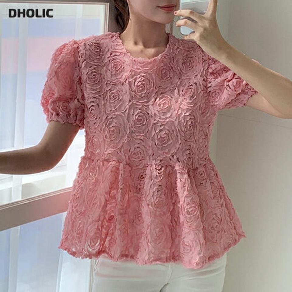 【10%OFF】フローラルペプラムブラウス・t01122 レディース 【bl】トップス ブラウス 半袖 パフスリーブ ペプラムトップス 花柄 ラウンドネック ユニーク テクスチャ かわいい 可愛い ピンク メッシュ お腹カバー 夏 韓国ファッション セール SALE