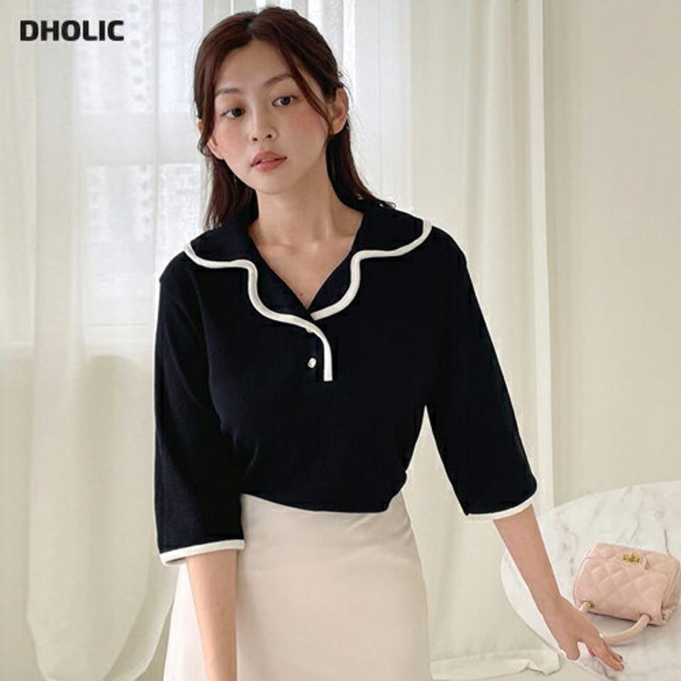 ワッフル配色カラーTシャツ・t01121 レディース 【tops】トップス ワッフル 配色 襟コン 大人 かわいい 可愛い 七分袖 7分丈 半端袖 七分丈 7分丈 春 秋 韓国ファッション