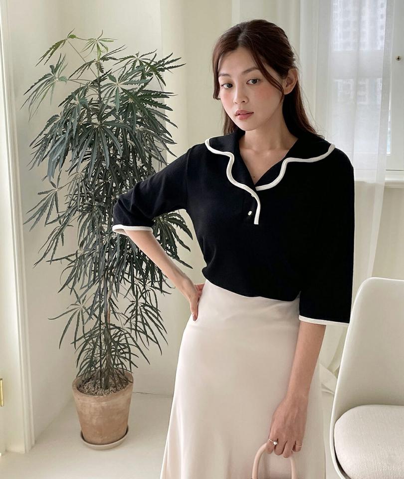ワッフル配色カラーTシャツ・t01121 レディース 【tops】トップス ワッフル 配色 襟コン 大人 かわいい 可愛い 七分袖 7分丈 半端袖 七分丈 7分丈 春 秋 韓国ファッション