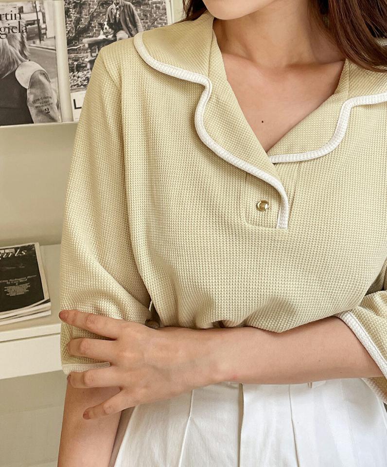 ワッフル配色カラーTシャツ・t01121 レディース 【tops】トップス ワッフル 配色 襟コン 大人 かわいい 可愛い 七分袖 7分丈 半端袖 七分丈 7分丈 春 秋 韓国ファッション