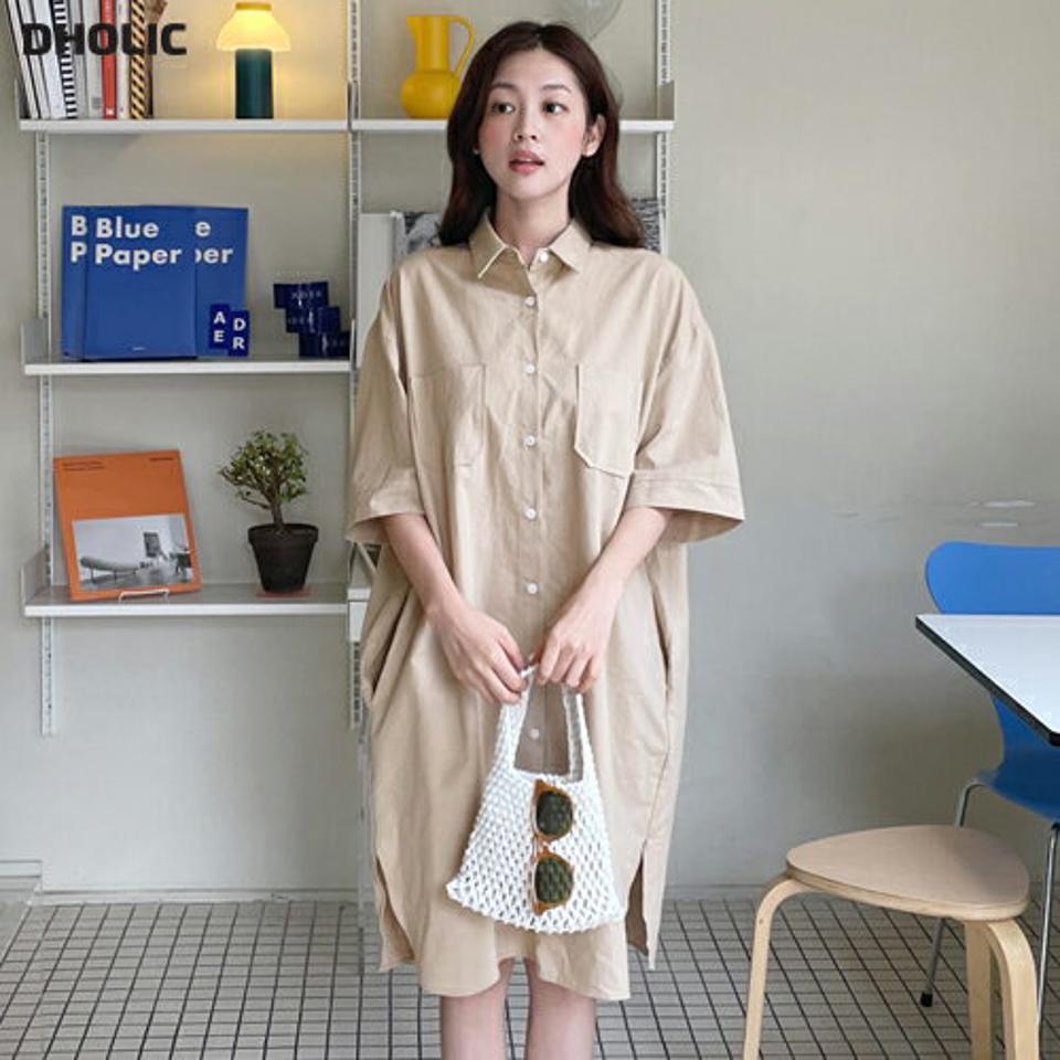 2TYPEポケットシャツワンピース・t01114 レディース 【ops】ワンピース ミニワンピース ロング丈 ミニ丈 ひざ上 膝上 シャツワンピース 襟 七分袖 七分丈 7分袖 7分丈 単色 無地 シンプル 大人 ゆったり 体型カバー 春 秋 韓国ファッション