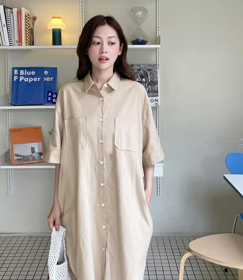 2TYPEポケットシャツワンピース・t01114 レディース 【ops】ワンピース ミニワンピース ロング丈 ミニ丈 ひざ上 膝上 シャツワンピース 襟 七分袖 七分丈 7分袖 7分丈 単色 無地 シンプル 大人 ゆったり 体型カバー 春 秋 韓国ファッション