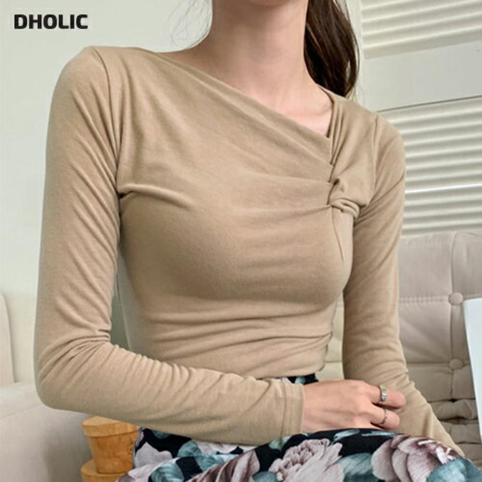 アシメネックシャーリングTシャツ・t72843 レディース 【tops】トップス 長袖 単色 無地 シンプル ユニーク シャーリング アシメ タイト 細身 かわいい 可愛い スリム 春 秋 冬 フェミニン ベージュ 大人 韓国ファッション ハイホリHIHOLLI