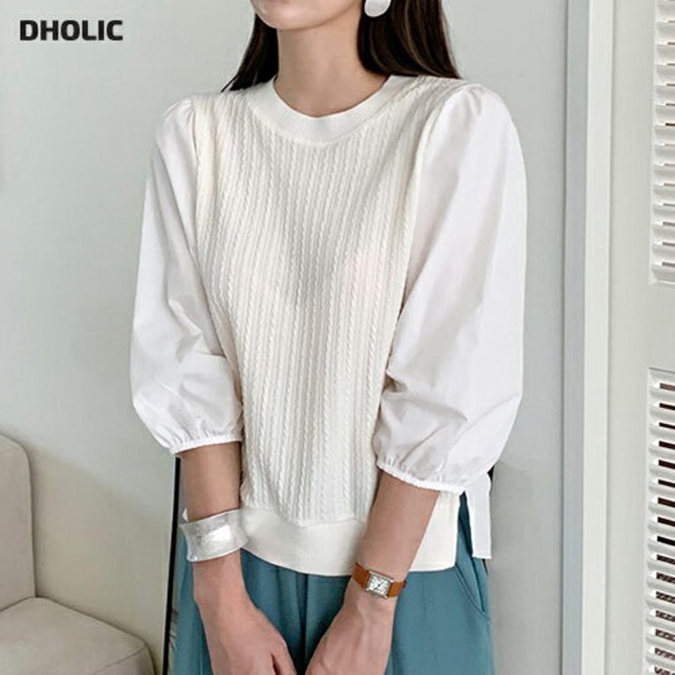 ケーブルニット配色ブラウス・t72868 レディース 【bl】ブラウス トップス 長袖 異素材 単色 シンプル ベーシック ユニーク ケーブルニット 編み 春 秋 冬 配色 かわいい 可愛い フェミニン 上品 白 インしない 韓国ファッション ハイホリHIHOLLI