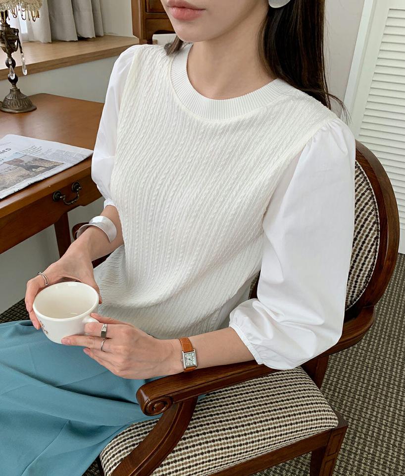 ケーブルニット配色ブラウス・t72868 レディース 【bl】ブラウス トップス 長袖 異素材 単色 シンプル ベーシック ユニーク ケーブルニット 編み 春 秋 冬 配色 かわいい 可愛い フェミニン 上品 白 インしない 韓国ファッション ハイホリHIHOLLI