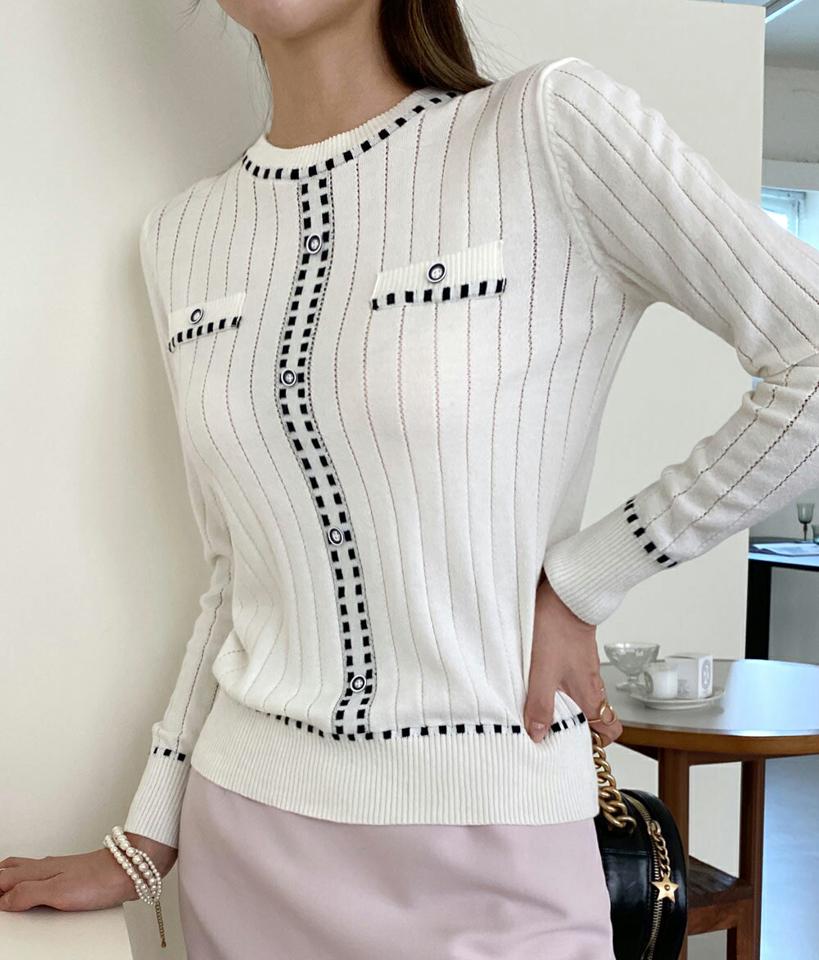 配色フェイクボタンニット・b72839 レディース 【tops】トップス ニット 長袖 柄 模様 配色 モノトーン 白 黒 ボタンぼたん 上品 オフィスカジュアル かわいい 可愛い きれいめ 高級感 秋 冬 ホワイト ブラック 韓国ファッション ハイホリHIHOLLI