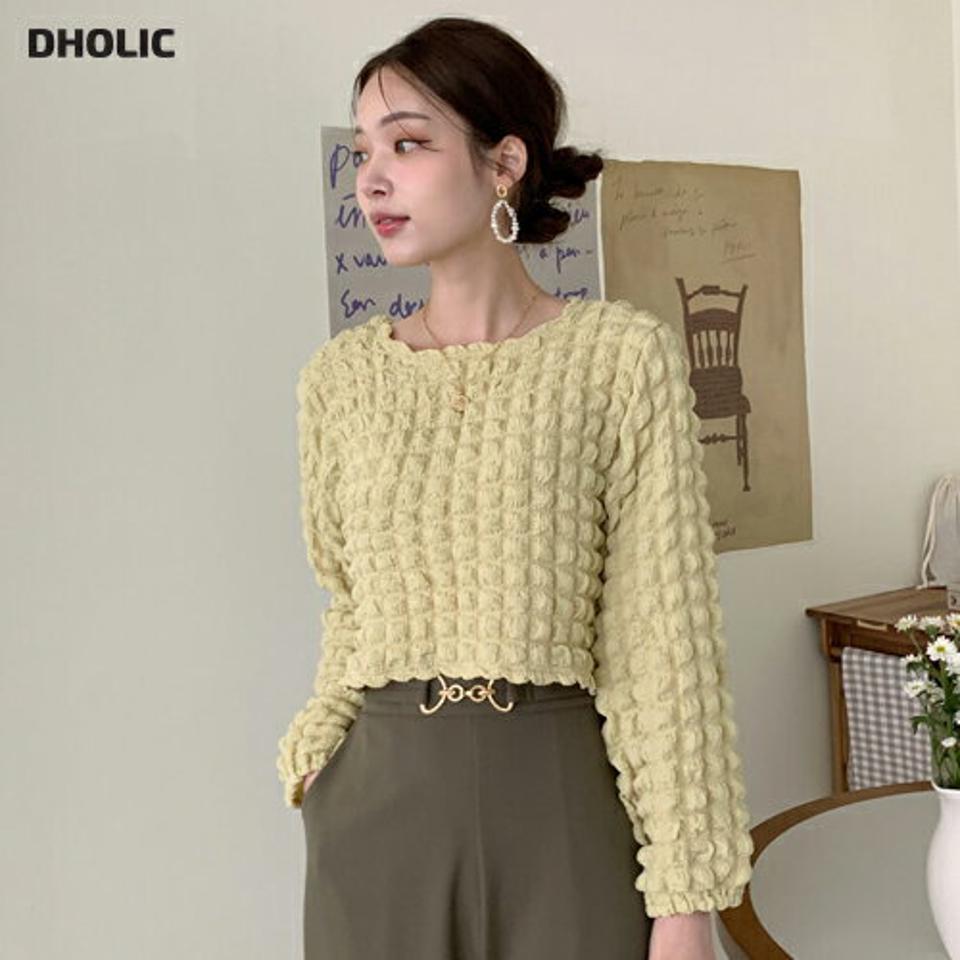 ≪人気商品再入荷≫エンボスクロップドブラウス・t72837 レディース 【bl】ブラウス トップス 長袖 模様 エンボス クロップド丈 パステル かわいい 可愛い 春 秋 冬 カジュアル イエロー プルオーバー ショート丈 韓国ファッション ハイホリHIHOLLI