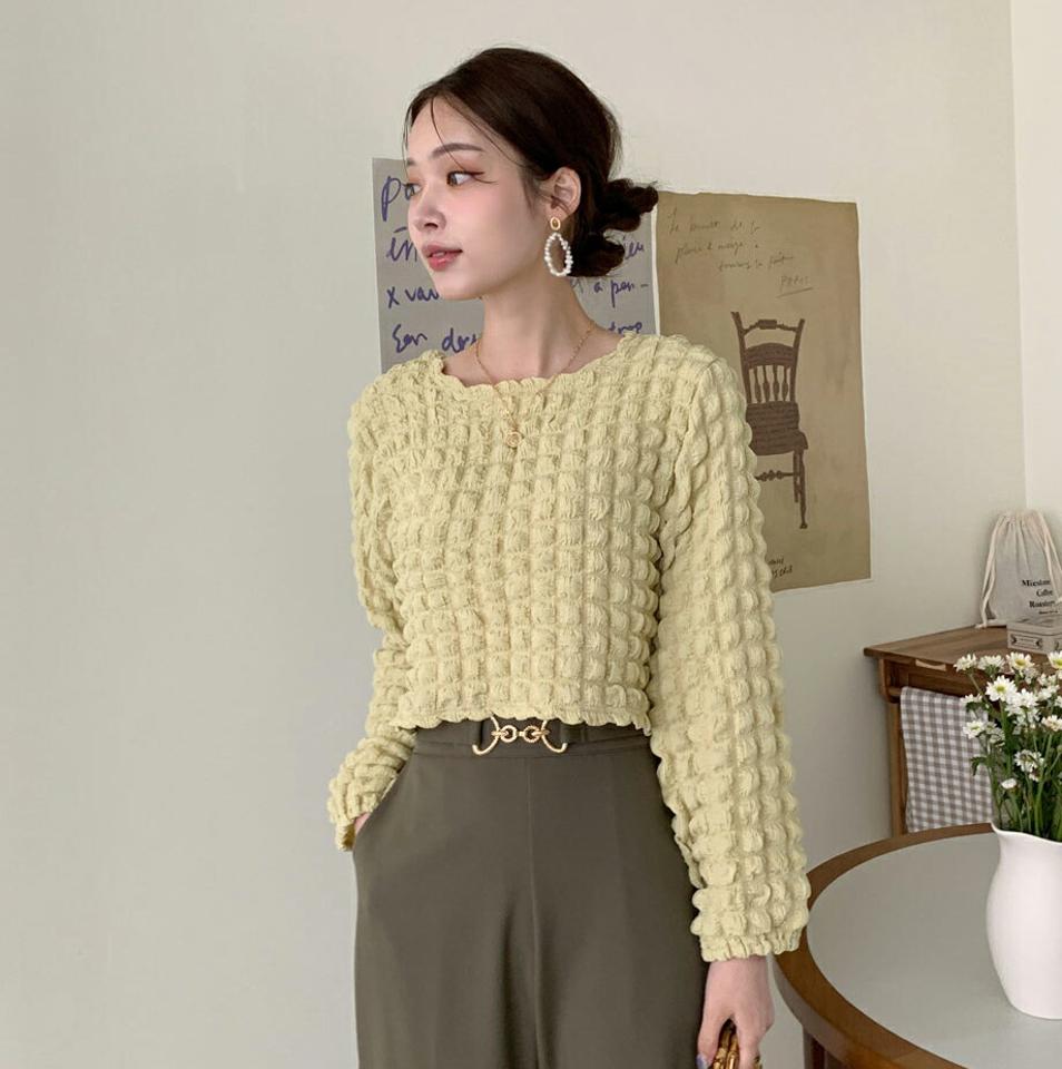 ≪人気商品再入荷≫エンボスクロップドブラウス・t72837 レディース 【bl】ブラウス トップス 長袖 模様 エンボス クロップド丈 パステル かわいい 可愛い 春 秋 冬 カジュアル イエロー プルオーバー ショート丈 韓国ファッション ハイホリHIHOLLI