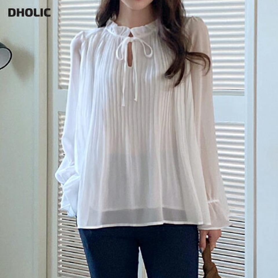≪人気商品再入荷≫プリーツシフォンブラウス・b72835 レディース 【bl】ブラウス トップス 長袖 シフォン プリーツ フリル リボン スリット パフスリーブ 春 秋 フェミニン 体型カバー お腹カバー 白 ホワイト インしない 韓国ファッション HIHOLLI