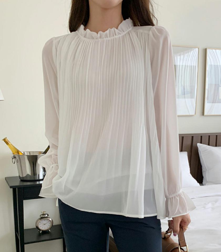 ≪人気商品再入荷≫プリーツシフォンブラウス・b72835 レディース 【bl】ブラウス トップス 長袖 シフォン プリーツ フリル リボン スリット パフスリーブ 春 秋 フェミニン 体型カバー お腹カバー 白 ホワイト インしない 韓国ファッション HIHOLLI