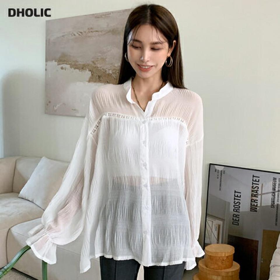 スリットバンドカラーリンクルブラウス・b72834 レディース 【bl】ブラウス トップス 長袖 単色 ユニーク リンクル 透け感 シアー シースルー フェミニン カジュアル 春 秋 ルーズ 襟 かわいい 可愛い 白 韓国ファッション ハイホリHIHOLLI