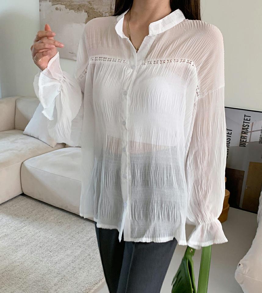 スリットバンドカラーリンクルブラウス・b72834 レディース 【bl】ブラウス トップス 長袖 単色 ユニーク リンクル 透け感 シアー シースルー フェミニン カジュアル 春 秋 ルーズ 襟 かわいい 可愛い 白 韓国ファッション ハイホリHIHOLLI