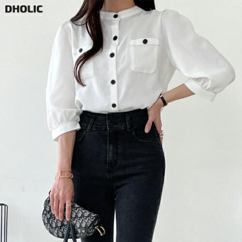 配色ステッチパフブラウス・t01010 レディース 【bl】ブラウス トップス 7分袖 七分袖 配色 ボタン ぼたん ステッチ パフ袖 パフスリーブ ラウンドヘム オフィスカジュアル 春 秋 フェミニン モノトーン 韓国ファッション ハイホリHIHOLLI 人気