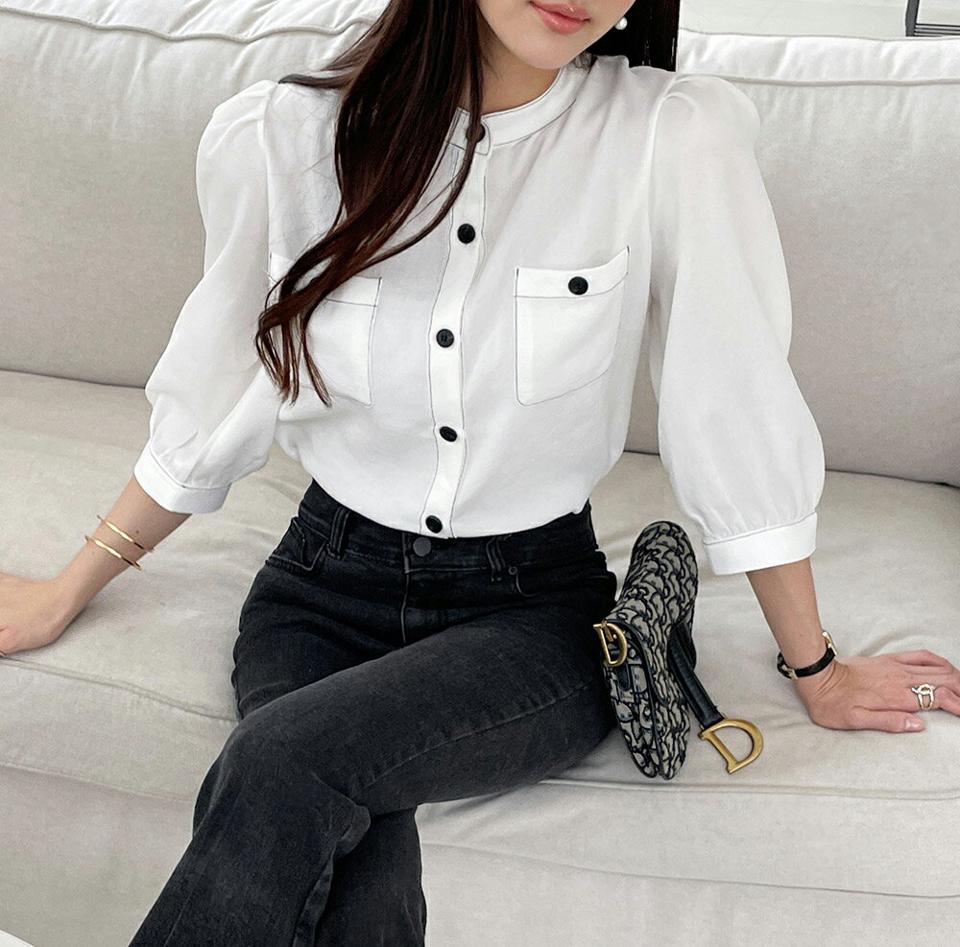 配色ステッチパフブラウス・t01010 レディース 【bl】ブラウス トップス 7分袖 七分袖 配色 ボタン ぼたん ステッチ パフ袖 パフスリーブ ラウンドヘム オフィスカジュアル 春 秋 フェミニン モノトーン 韓国ファッション ハイホリHIHOLLI 人気