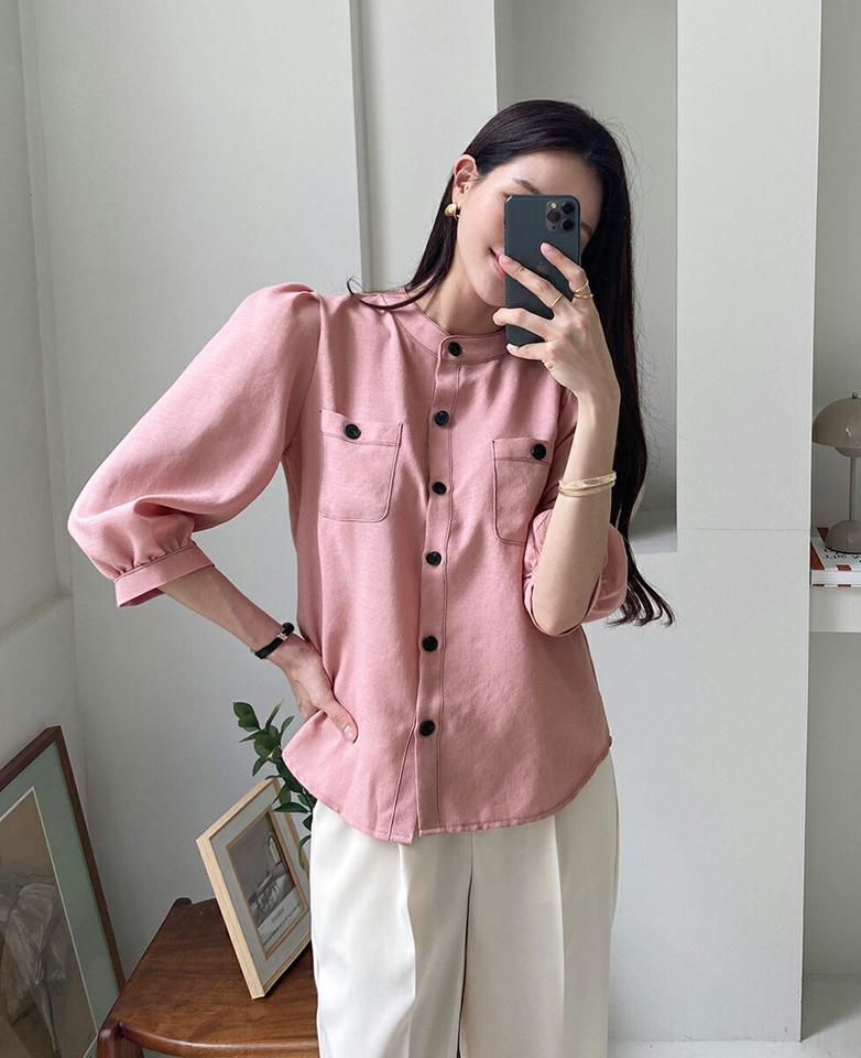 配色ステッチパフブラウス・t01010 レディース 【bl】ブラウス トップス 7分袖 七分袖 配色 ボタン ぼたん ステッチ パフ袖 パフスリーブ ラウンドヘム オフィスカジュアル 春 秋 フェミニン モノトーン 韓国ファッション ハイホリHIHOLLI 人気