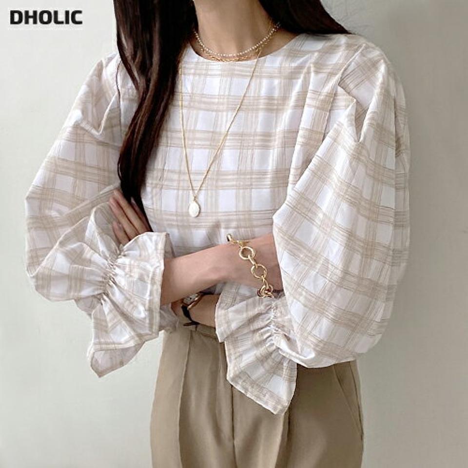 リボンチェックパフブラウス・b01009 レディース 【bl】ブラウス 7分袖 七分袖 柄 模様 チェック柄 バックシャン リボン りぼん パフ袖 パフスリーブ ボリューム ギャザー 秋 冬 かわいい 可愛い キュート ボリュームスリーブ 人気 韓国ファッション ハイホリHIHOLLI
