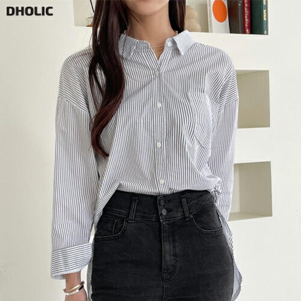 2TYPEバックボタンスリットシャツ・b01013 レディース 【bl】シャツ トップス 柄 模様 長袖 ストライプ 襟 無地 単色 シンプル ベーシック オーバー ルーズ ドロップショルダー 春 秋 カジュアル 大人 きれいめ 韓国ファッション ハイホリHIHOLLI