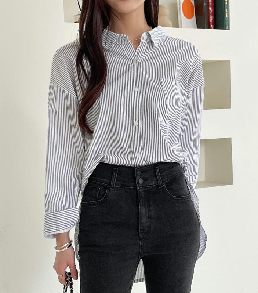 2TYPEバックボタンスリットシャツ・b01013 レディース 【bl】シャツ トップス 柄 模様 長袖 ストライプ 襟 無地 単色 シンプル ベーシック オーバー ルーズ ドロップショルダー 春 秋 カジュアル 大人 きれいめ 韓国ファッション ハイホリHIHOLLI