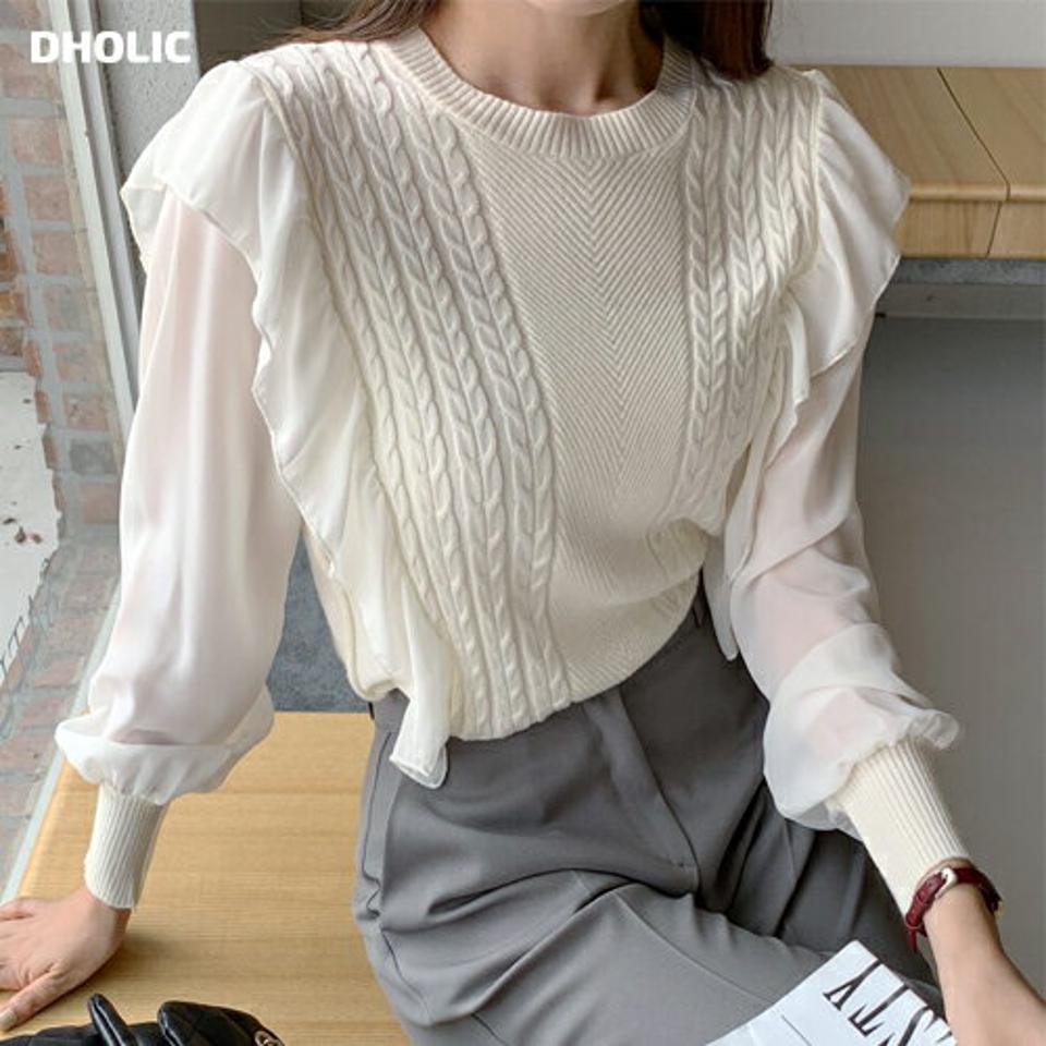 フリルパフケーブルニット・b68405 レディース 【tops】トップス ニット 年上 長袖 パフスリーブ ケーブル編み フリル 袖コン 透け感 シアー シースルー フェミニン ドッキング 異素材 ラウンドネック かわいい 大人 春 秋 韓国ファッション 人気