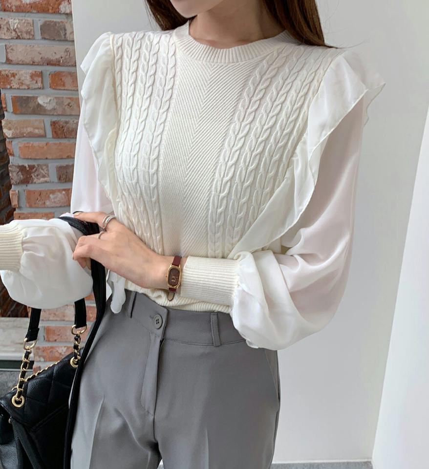 フリルパフケーブルニット・b68405 レディース 【tops】トップス ニット 年上 長袖 パフスリーブ ケーブル編み フリル 袖コン 透け感 シアー シースルー フェミニン ドッキング 異素材 ラウンドネック かわいい 大人 春 秋 韓国ファッション 人気