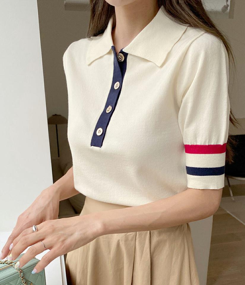 トリコロールポロカラーニット・t68399 レディース 【tops】トップス ニット 年上 半袖 ハーフスリーブ トリコロールカラー ポロ襟 大人 配色 サマーニット カジュアル 春 夏 韓国ファッション