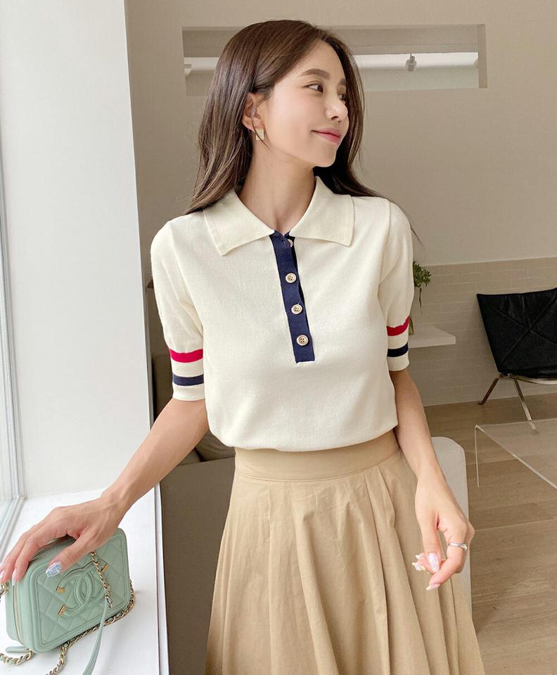 トリコロールポロカラーニット・t68399 レディース 【tops】トップス ニット 年上 半袖 ハーフスリーブ トリコロールカラー ポロ襟 大人 配色 サマーニット カジュアル 春 夏 韓国ファッション