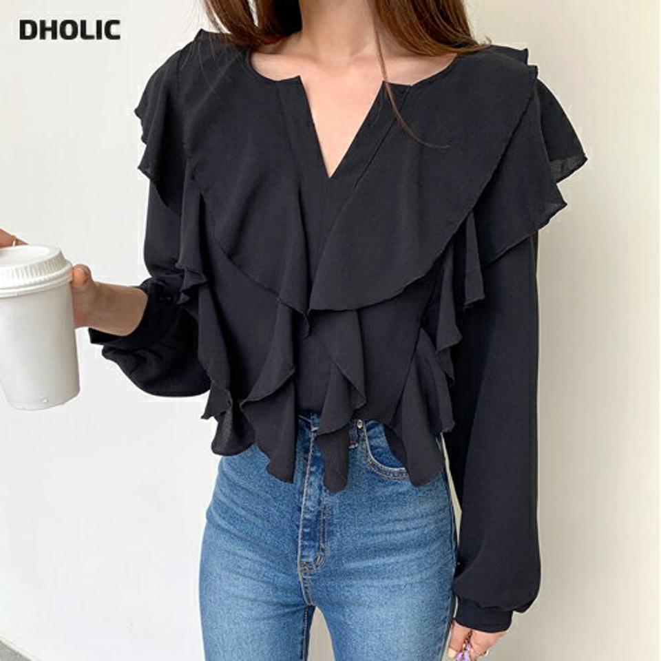 スリットネックラッフルブラウス・b68413 レディース 【bl】トップス ブラウス 長袖 ラッフル フリル スリットネック 単色 無地 シンプル フェミニン 大人 かわいい 体型カバー オフィスカジュアル 上品 きれいめ 春 秋 韓国ファッション