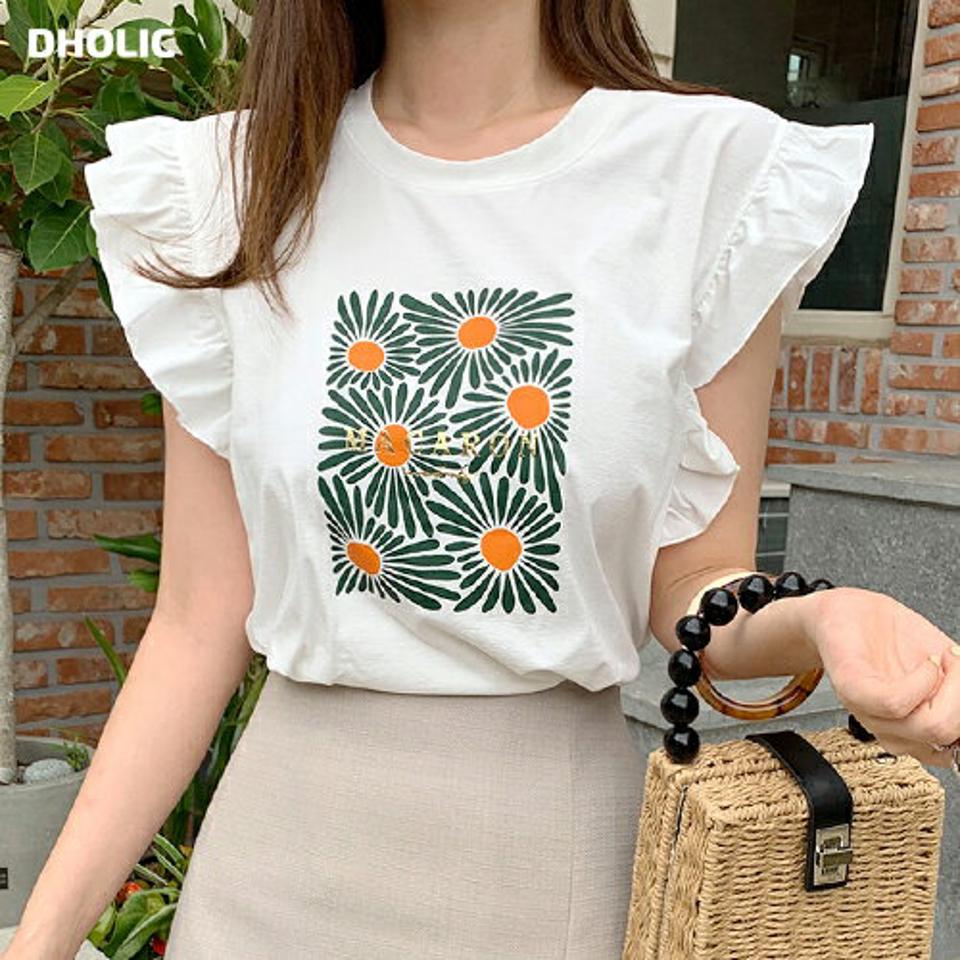 フラワープリントフリルノースリーブ・b68396 レディース 【tops】トップス スリーブレス ノースリーブ パワーショルダー フリル プリントT 花柄 モダン レトロ カジュアル 袖コン 二の腕カバー ラウンドネック 肩フリル 春 夏 韓国ファッション