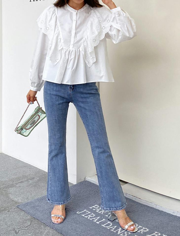 アイレットレースラッフルブラウス・t68414 レディース 【bl】トップス ブラウス 長袖 アイレット レース ラッフル フリル ガーリー レトロ 袖コン ピンク くすみ バンドカラー ギャザー フレア 花柄 スカラップ パフスリーブ 春 秋 韓国ファッション