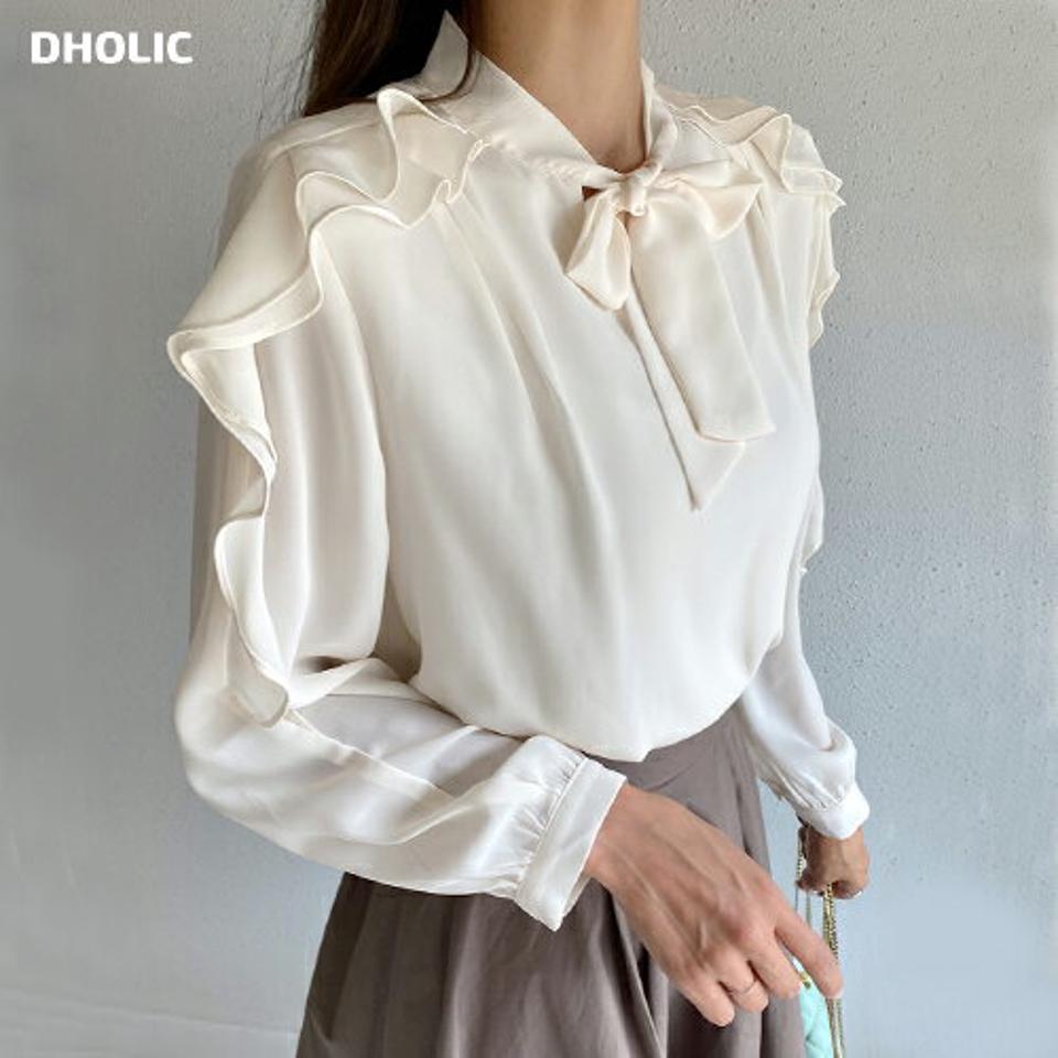 ネックリボンフリルブラウス・t68415 レディース 【bl】トップス ブラウス 長袖 フリル 襟コン りぼん ボウタイ ラッフル 単色 無地 シンプル 大人 かわいい 可愛い ガーリー デコラティブ 春 秋 韓国ファッション