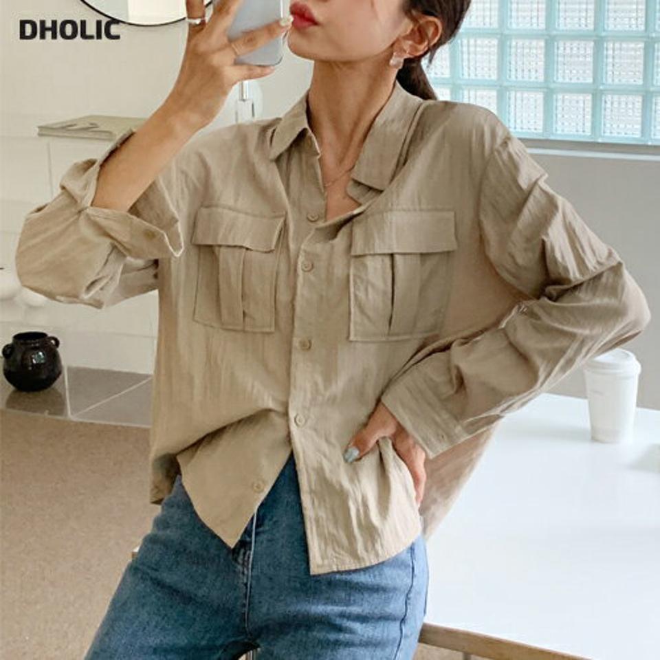 ポケットシャツ・t68422 レディース 【bl】トップス シャツ 長袖 ポケット ベージュ 大人 カジュアル ラフ 単色 無地 シンプル ナイロン混 ドロップショルダー 春 秋 韓国ファッション
