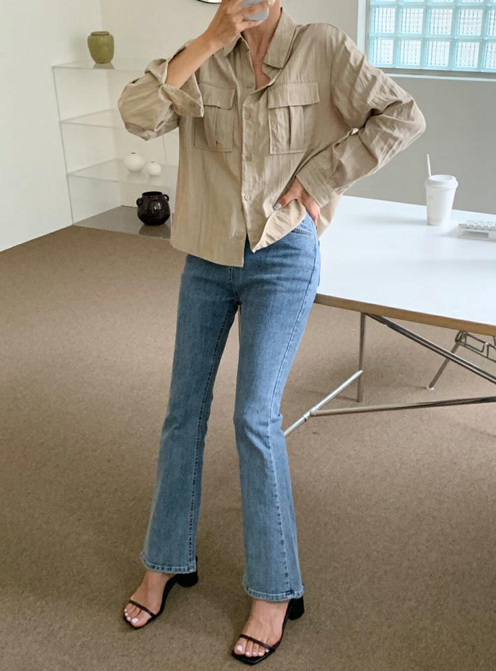 ポケットシャツ・t68422 レディース 【bl】トップス シャツ 長袖 ポケット ベージュ 大人 カジュアル ラフ 単色 無地 シンプル ナイロン混 ドロップショルダー 春 秋 韓国ファッション