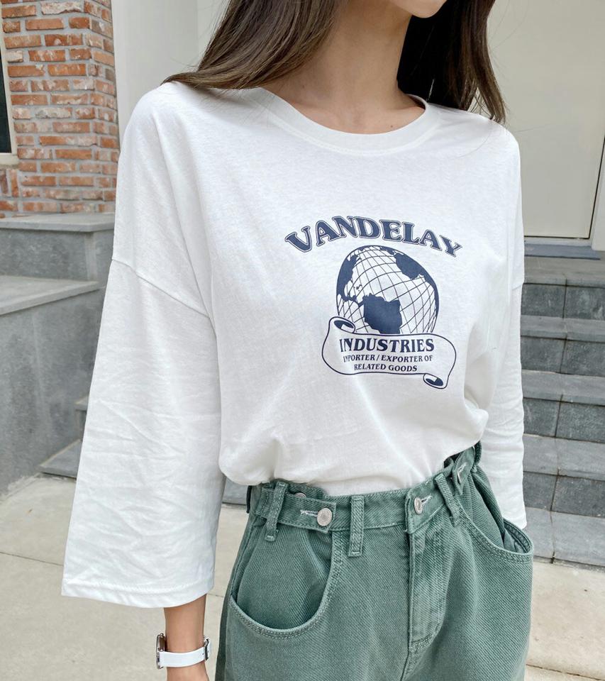 プリント7分袖Tシャツ・t68400 レディース 【tops】トップス Tシャツ ロゴ 七分袖 七分丈 7分袖 7分丈 プリントT カジュアル ラウンドネック ラフ 楽ちん ゆったり 大人 ドロップショルダー 春 秋 韓国ファッション