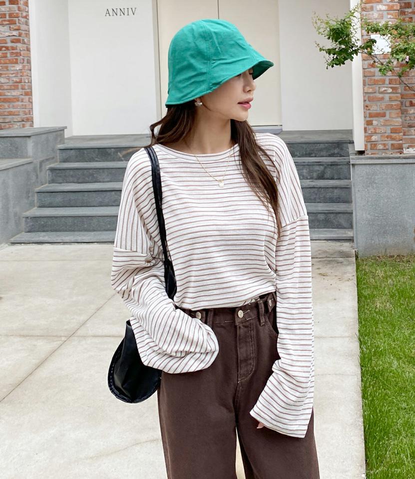 ユニセックスボーダーTシャツ・t68409 レディース 【tops】トップス Tシャツ ロンT ボーダー柄 長袖 シンプル カジュアル ラフ ラウンドネック ゆったり オーバーサイズ スリット リブ ドロップショルダー フレンチ 春 秋 韓国ファッション 人気