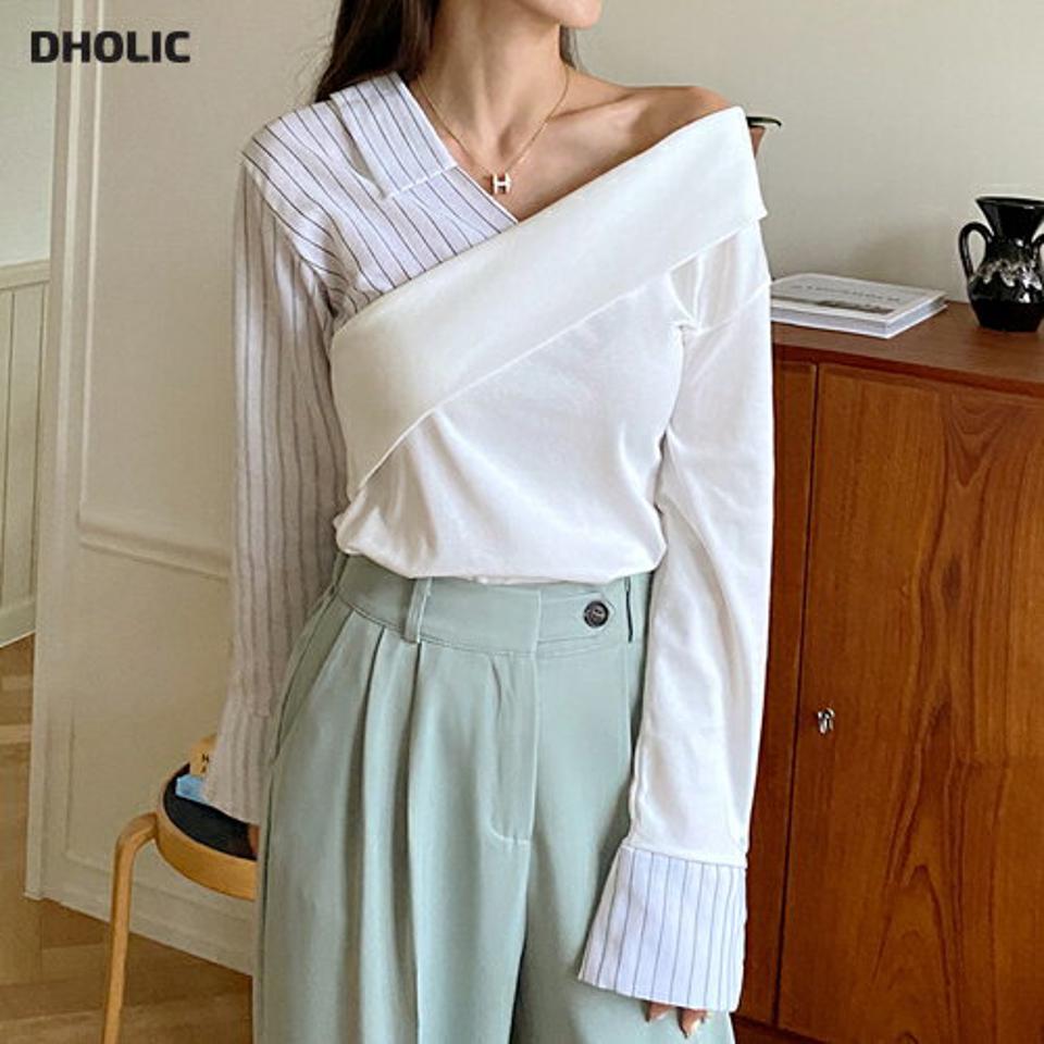 2WAYストライプシャツドッキングTシャツ・t67094 レディース 【tops】トップス 長袖 異素材 ドッキング ストライプ柄 ユニーク デコルテ 肩出し 大人 爽やか カジュアル Vネック オフショルダー 春 バイカラー 秋 韓国ファッション