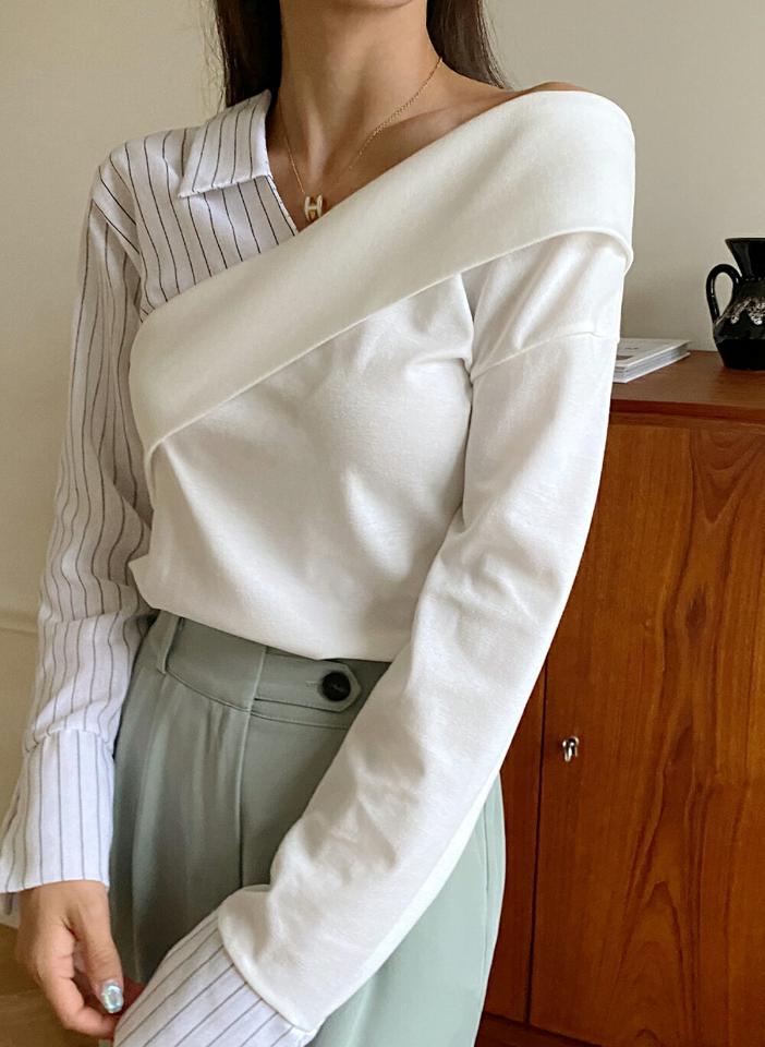 2WAYストライプシャツドッキングTシャツ・t67094 レディース 【tops】トップス 長袖 異素材 ドッキング ストライプ柄 ユニーク デコルテ 肩出し 大人 爽やか カジュアル Vネック オフショルダー 春 バイカラー 秋 韓国ファッション