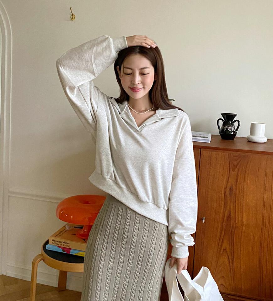 ≪人気商品再入荷≫ハーフオープンスウェット・t67095 レディース 【tops】トップス スウェット トレーナー 長袖 襟コン 開襟 スキッパー 長袖 単色 無地 シンプル ベーシック ラフ カジュアル 大人 ドロップショルダー 春 秋 韓国ファッション