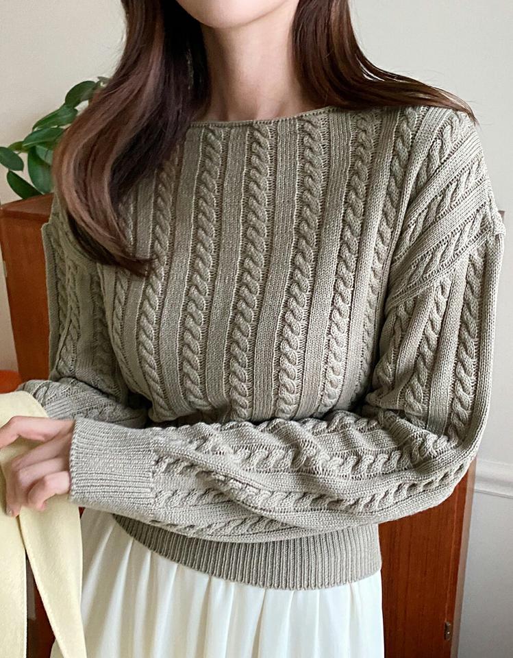 ボートネックケーブルニット・t67110 レディース 【tops】トップス ニット 長袖 ケーブル編み ボートネック シンプル カジュアル ドロップショルダー クロップド丈 アクリルニット 春 秋 韓国ファッション