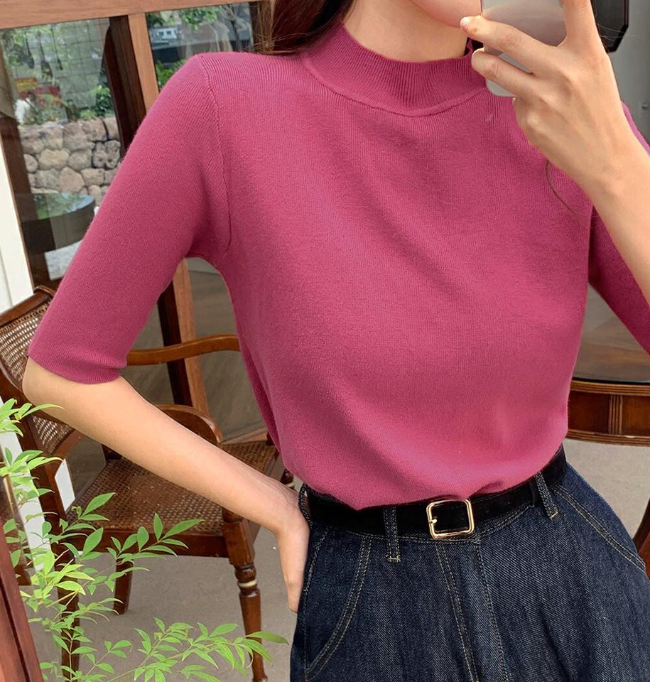 ハーフネック半袖ニット・b67541 レディース 【tops】トップス ニット 年上 半袖 ハーフスリーブ ハーフネック 単色 無地 シンプル ベーシック 大人 サマーニット モックネック 春 夏 韓国ファッション