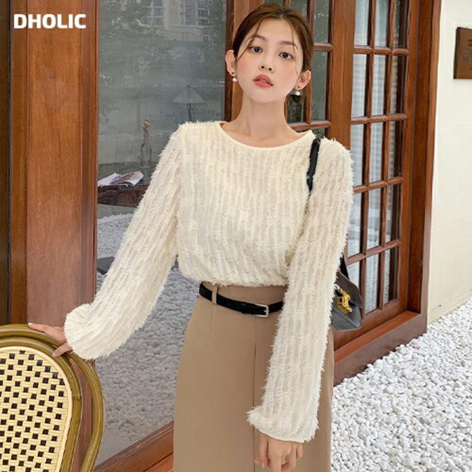 レースフリンジブラウス・b67545 レディース 【bl】トップス ブラウス 長袖 ラウンドネック フリンジ レース フェミニン テクスチャ— ユニーク きれいめ 大人 上品 ふわふわ フワフワ 春 秋 韓国ファッション