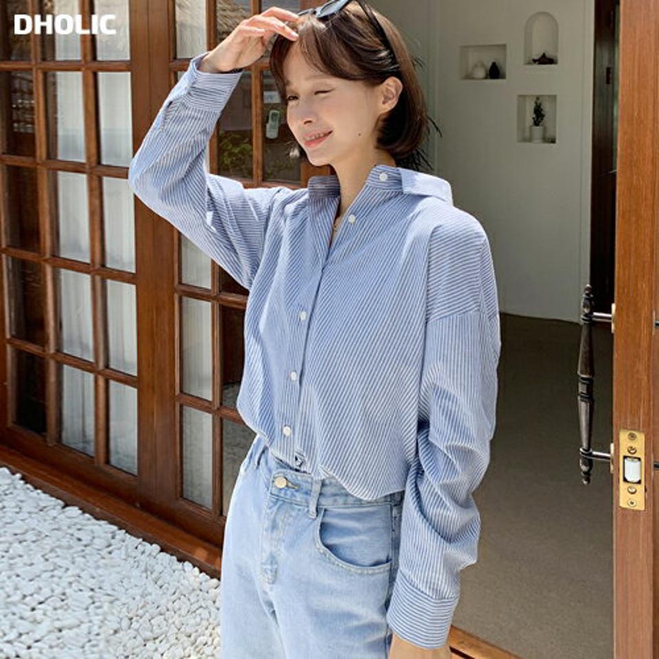 アンバランスストライプシャツ・t67580 レディース 【bl】トップス シャツ 長袖 ストライプ柄 アンバランス 襟 爽やか 大人 カジュアル ドロップショルダー ピンストライプ ルーズ スクールガール フレンチ 春 秋 韓国ファッション