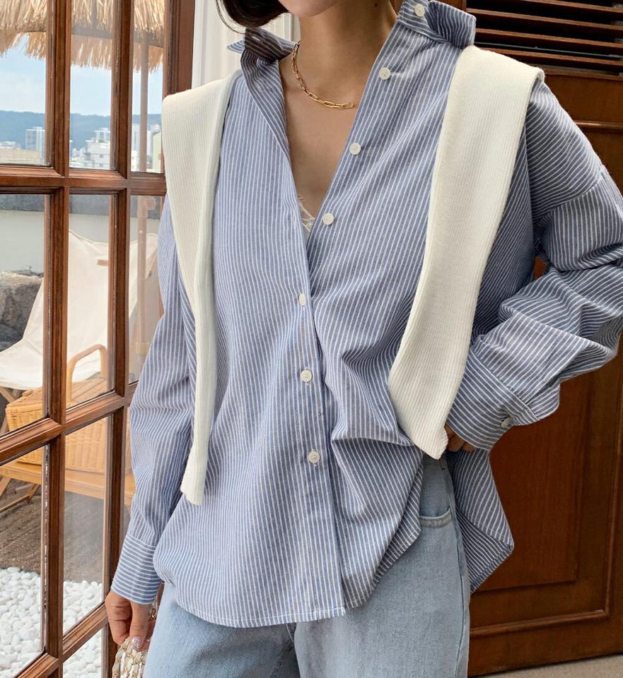 アンバランスストライプシャツ・t67580 レディース 【bl】トップス シャツ 長袖 ストライプ柄 アンバランス 襟 爽やか 大人 カジュアル ドロップショルダー ピンストライプ ルーズ スクールガール フレンチ 春 秋 韓国ファッション