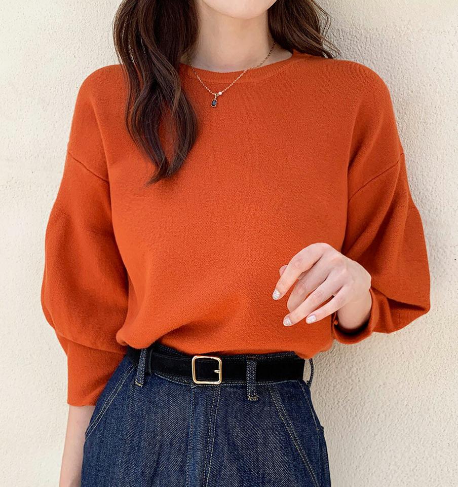 パフスリーブニット・b67579 レディース 【tops】トップス 七分袖 7分袖 七分丈 ニット パフスリーブ 単色 無地 ベーシック 大人 ドロップショルダー パフスリーブ ラウンドネック ベージュ オレンジ ボリュームスリーブ 春 秋 韓国ファッション 人気