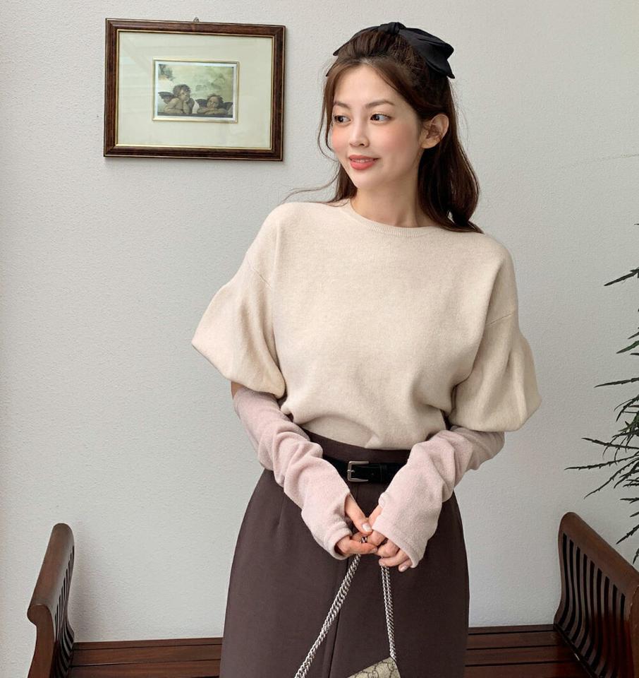 パフスリーブニット・b67579 レディース 【tops】トップス 七分袖 7分袖 七分丈 ニット パフスリーブ 単色 無地 ベーシック 大人 ドロップショルダー パフスリーブ ラウンドネック ベージュ オレンジ ボリュームスリーブ 春 秋 韓国ファッション 人気