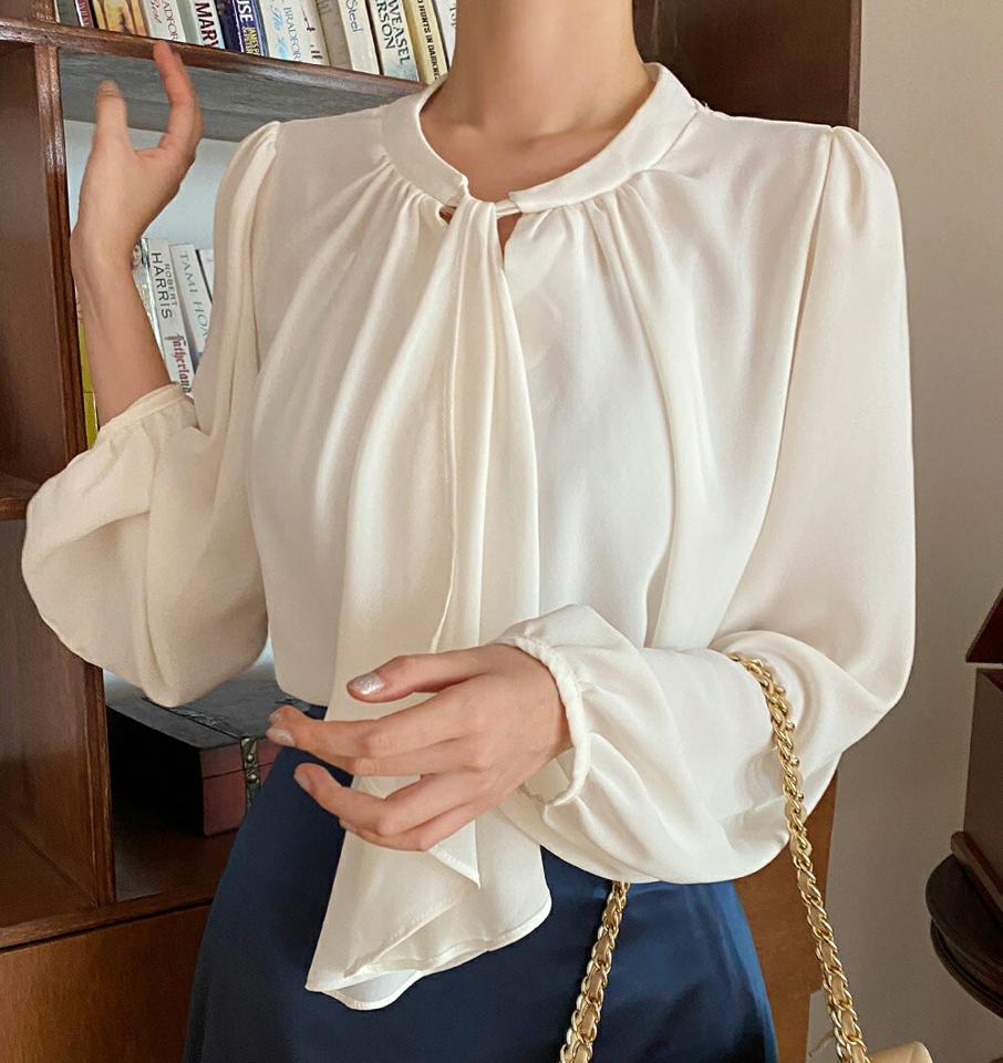 スカーフネックブラウス・b67559 レディース 【bl】トップス ブラウス 長袖 ボウタイ 襟コン りぼん スカーフ 単色 無地 シンプル フェミニン 大人 きれいめ ピンク くすみ オフィスカジュアル デコラティブ オケージョン お呼ばれ 学校行事 春 秋 韓国ファッション