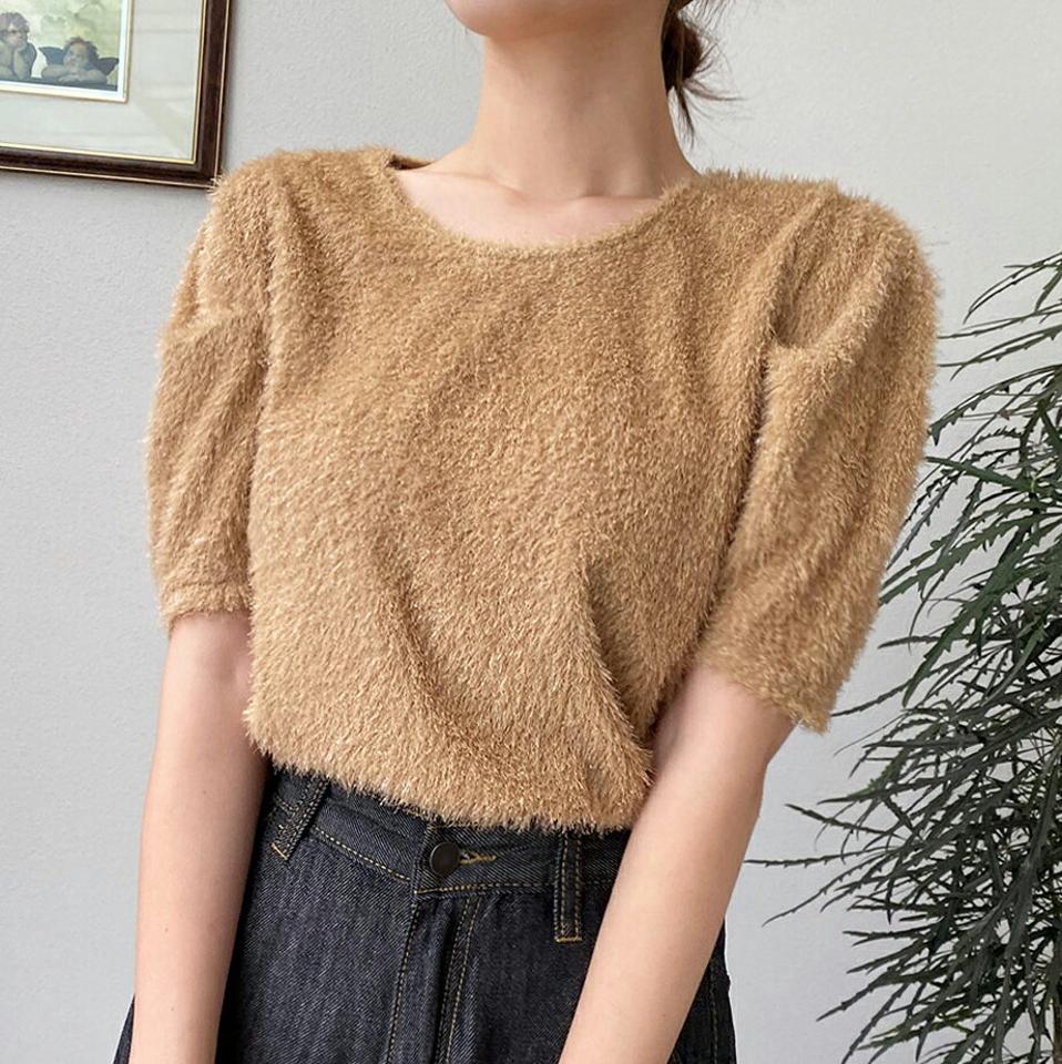 パフグリッターシャギーTシャツ・t67558 レディース 【tops】トップス Tシャツ 半袖 ハーフスリーブ シャギー パフスリーブ 袖コン ラウンドネック グリッター ラメ シンプル かわいい 可愛い 大人 春 夏 韓国ファッション