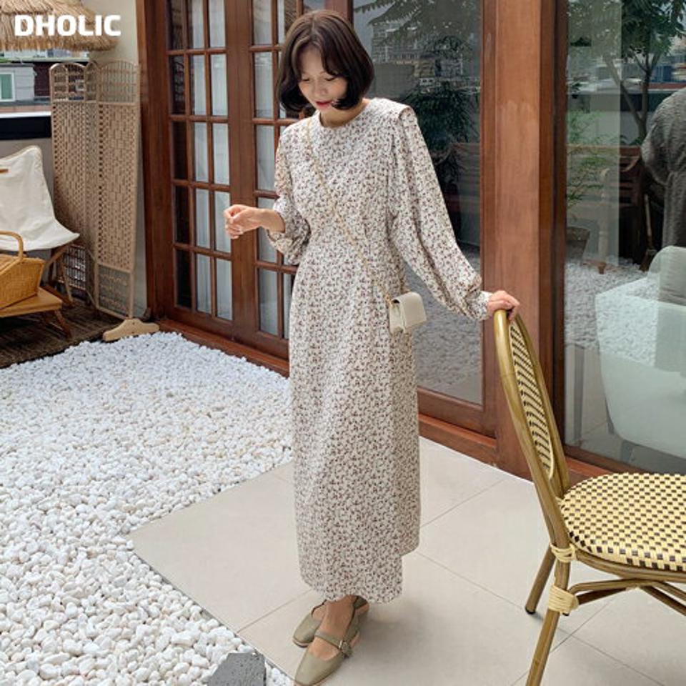 【10%OFF】小花柄タックワンピース・t67564 レディース 【ops】ワンピース ロング丈 長袖 小花柄 花柄 フェミニン かわいい ラウンドネック ボリューム袖 フレア Aライン 春 秋 韓国ファッション 旬セール
