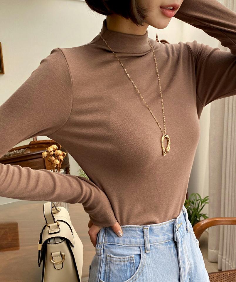 モダール混ハーフネックTシャツ・t67553 レディース 【tops】トップス Tシャツ 長袖 ロンT ハーフネック モダール 単色 無地 シンプル ベーシック 大人 カジュアル 無地T 春 秋 韓国ファッション